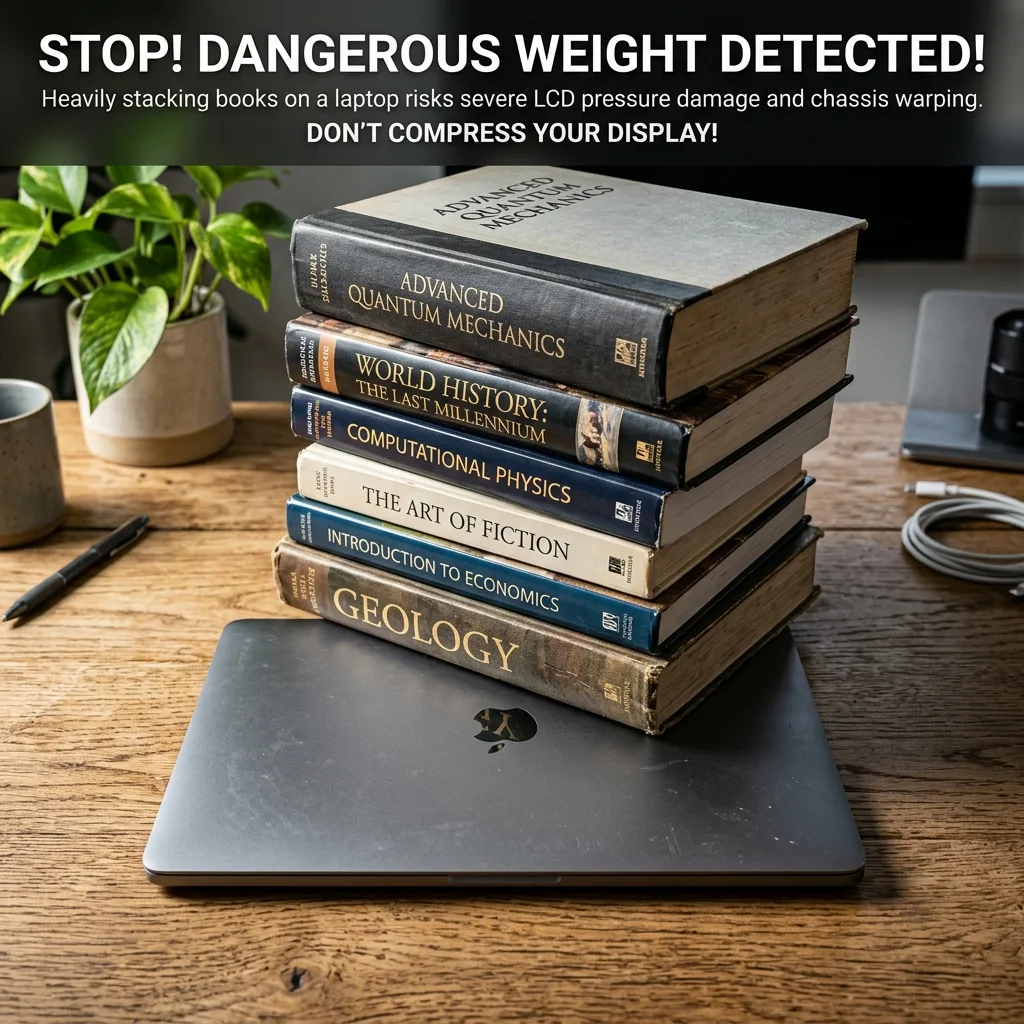 Heavy books stacked on top of a closed laptop — a common cause of LCD pressure damage